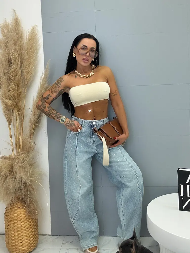 Džínsy s vysokým pásom, balónového strihu zdobené kamienkami ZOE