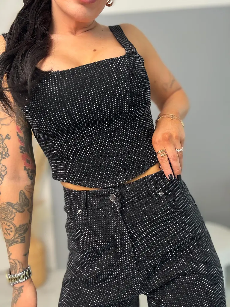 Denim crop-top s kamienkami DIAMOND BLACK