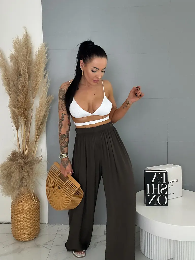 Flowing tmavohnedé nohavice s gumeným pásom ARIA - next