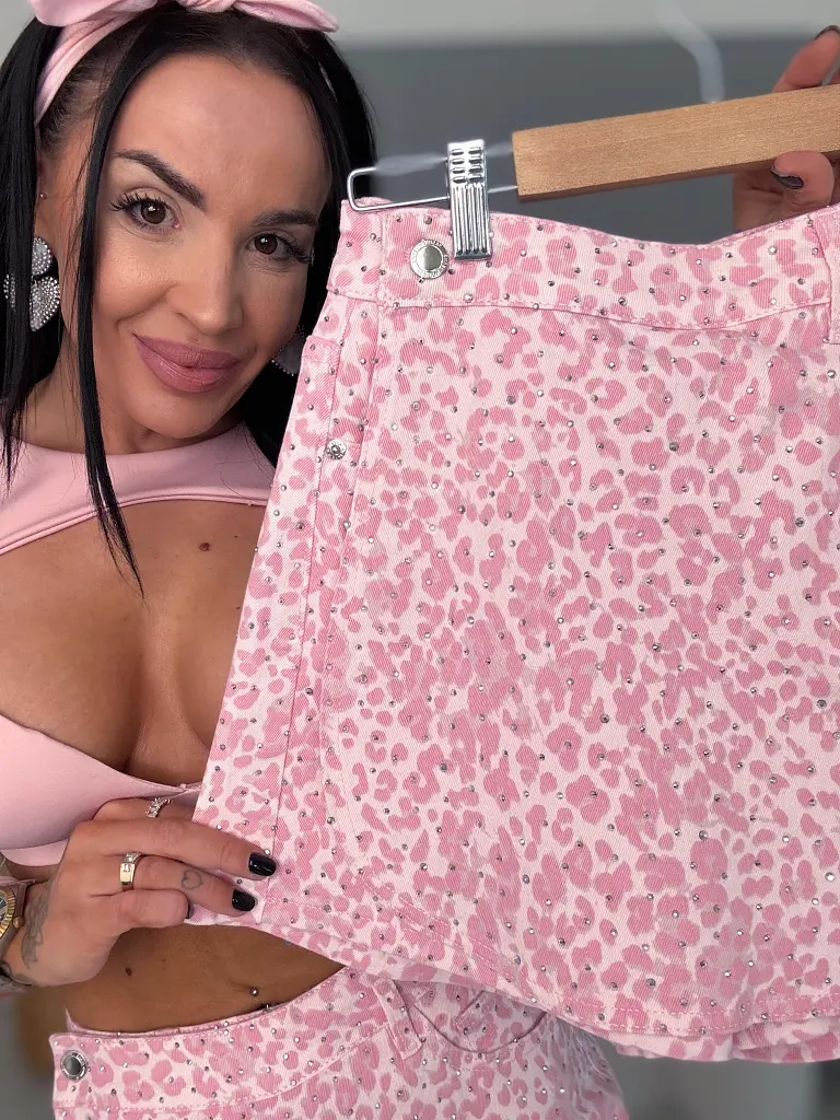 Denimový skort s leopardím vzorom zdobený kamienkami AURA - next