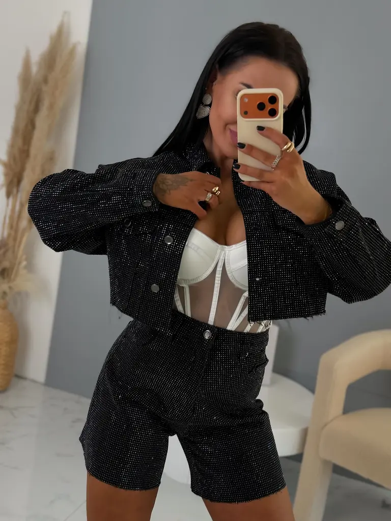 Black crop denim jacket s kamienkami CRYSTAL - next