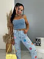Roztrhané mom fit rifle s vysokým pásom a potlačou FLORAL