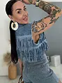 Crop denim vesta s kamienkami a strapcami WESTERN