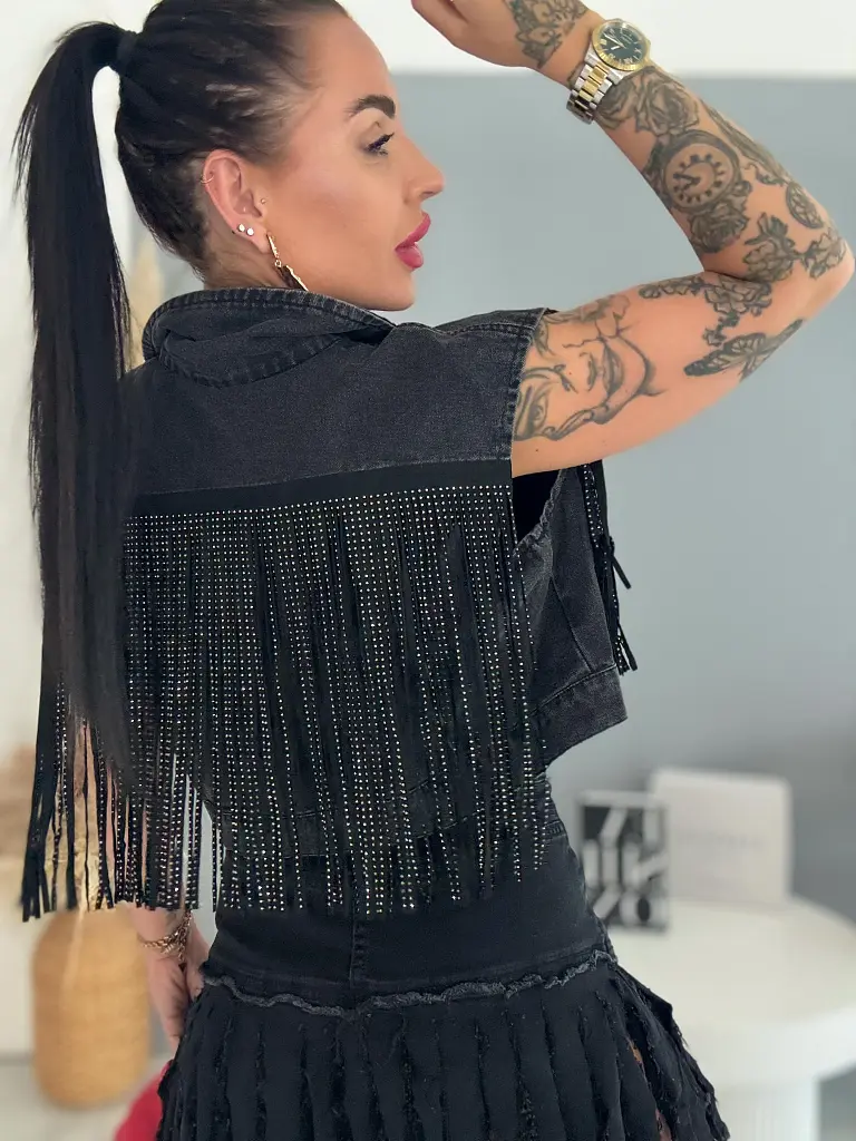 Crop denim vesta s kamienkami a strapcami DALLAS - next