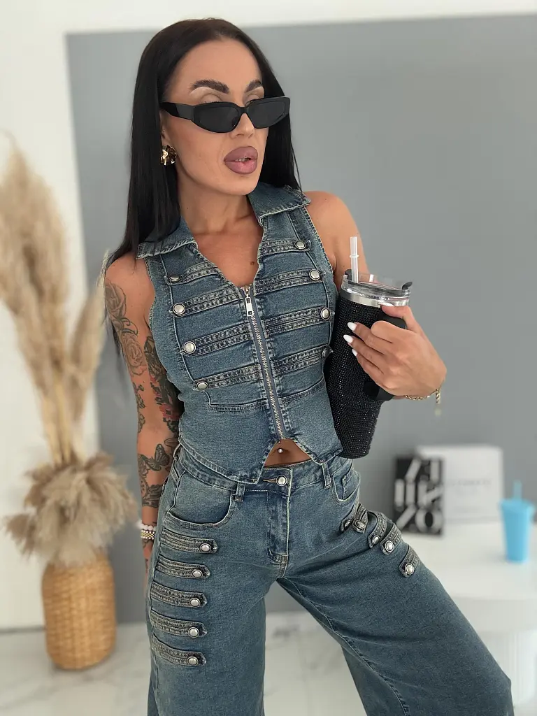 Dvojdielny denim komplet s ozdobnými prackami BROOKLYN