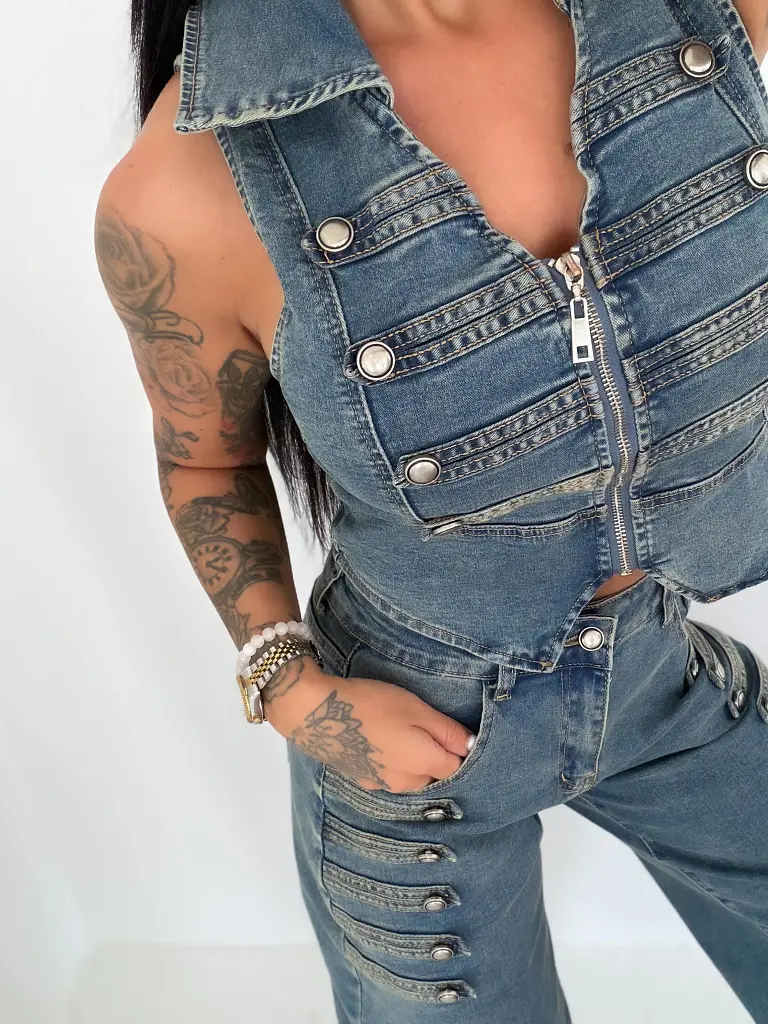 Dvojdielny denim komplet s ozdobnými prackami BROOKLYN - next