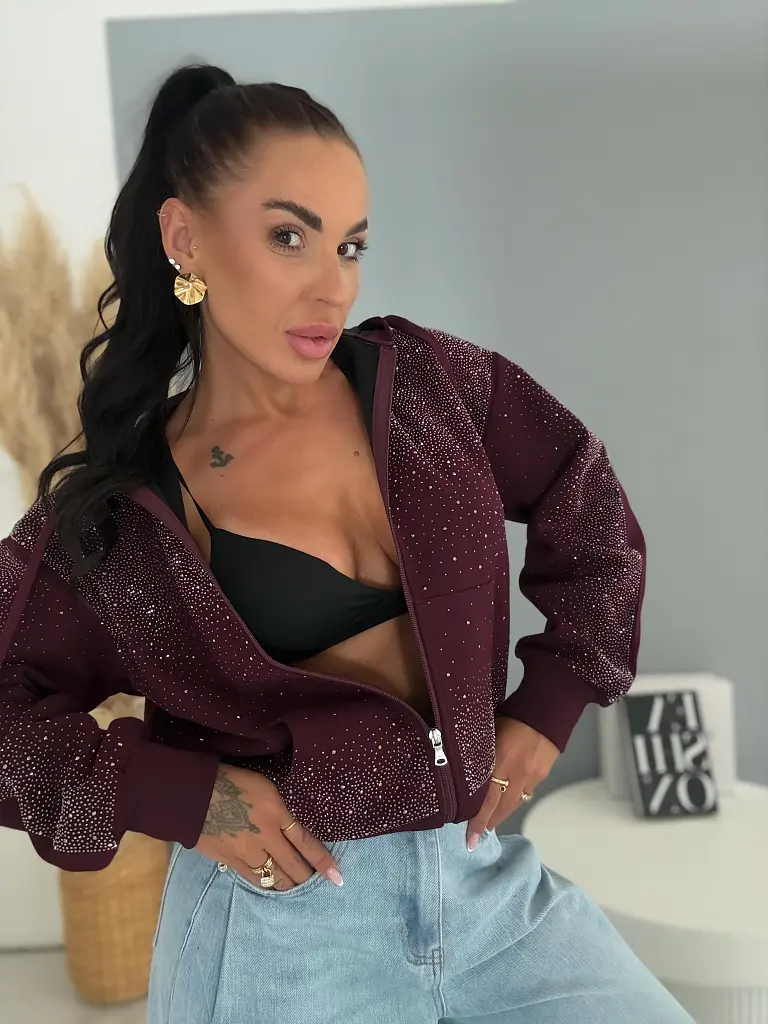 Mikina s kapucňou na zips s kamienkami GLAM