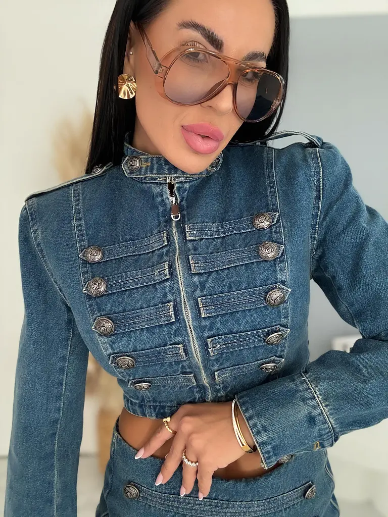 Dvojdielny denim komplet s ozdobnými prackami KARA Crop bunda+skort! - next