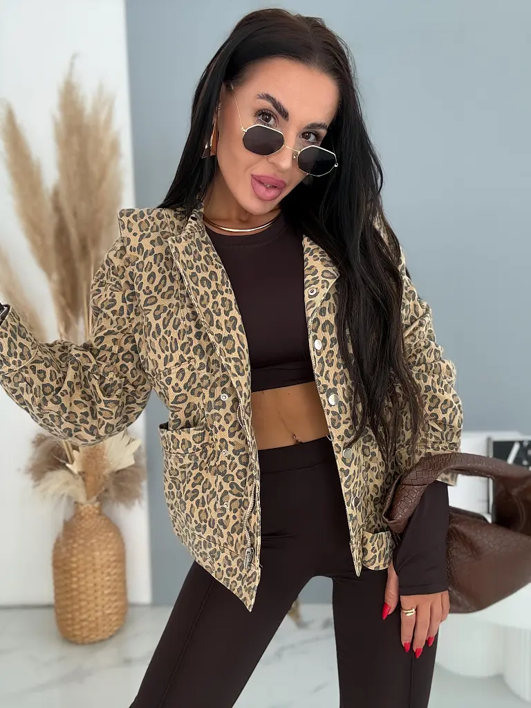 Džínsová bunda s leopardím vzorom a opaskom LEON - next