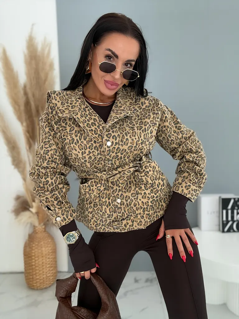 Džínsová bunda s leopardím vzorom a opaskom LEON