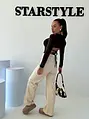 Vysokopásové koženkové wide-leg nohavice ALMOND