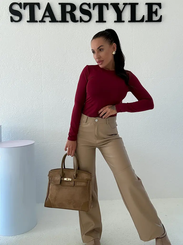 Vysokopásové koženkové wide-leg nohavice ALMOND