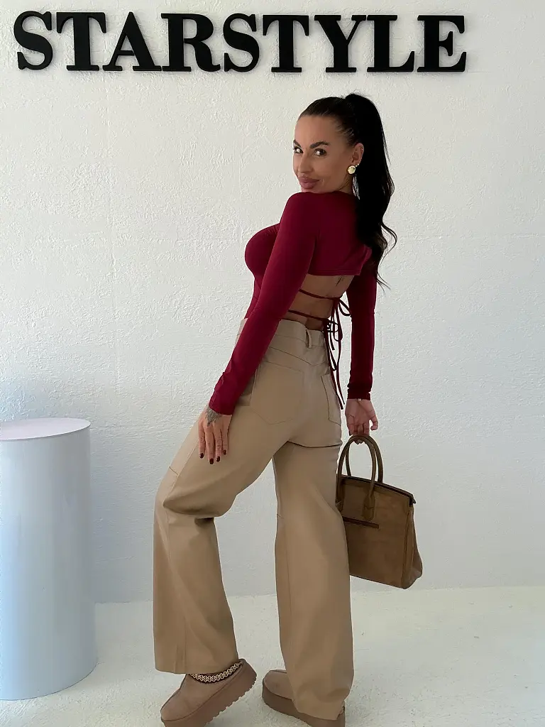 Vysokopásové koženkové wide-leg nohavice ALMOND - next