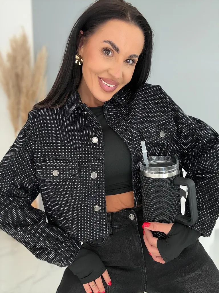 Black crop denim jacket s kamienkami CRYSTAL