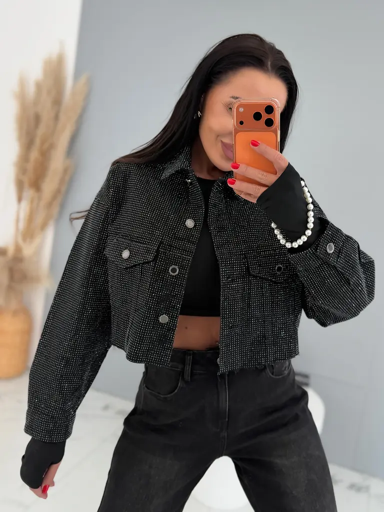 Black crop denim jacket s kamienkami CRYSTAL - next