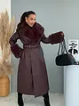Dlhý kabát z ekokože s opaskom a kožušinou BELLA NOIR